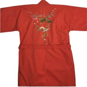 VINTAGE 70s robe red hand embroidered Chinese garden tie‎ kimono M